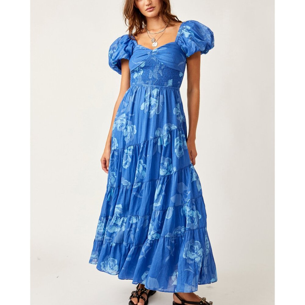 🆕 FREE PEOPLE Sundrenched Short Sleeve Maxi Dress / Sapphire Combo